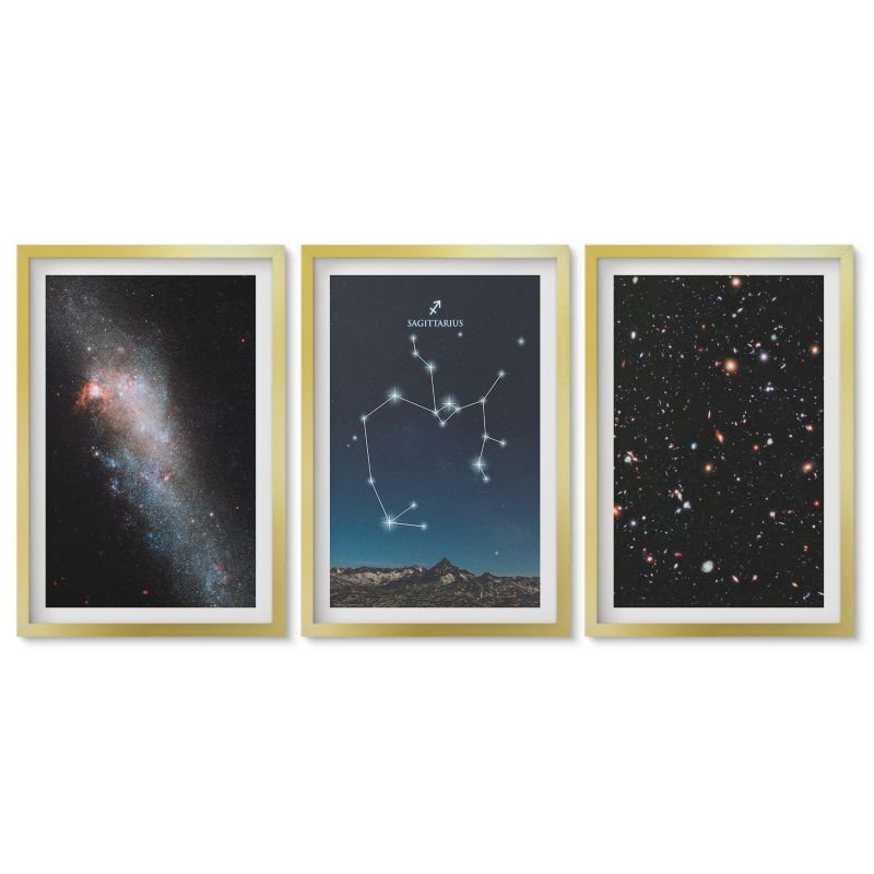 Trzy obrazy w złotej ramie zestaw Tulup 40x60 cm Galaktyki konstelacje kosmos Strzelec Galeria ścienna 1 kpl