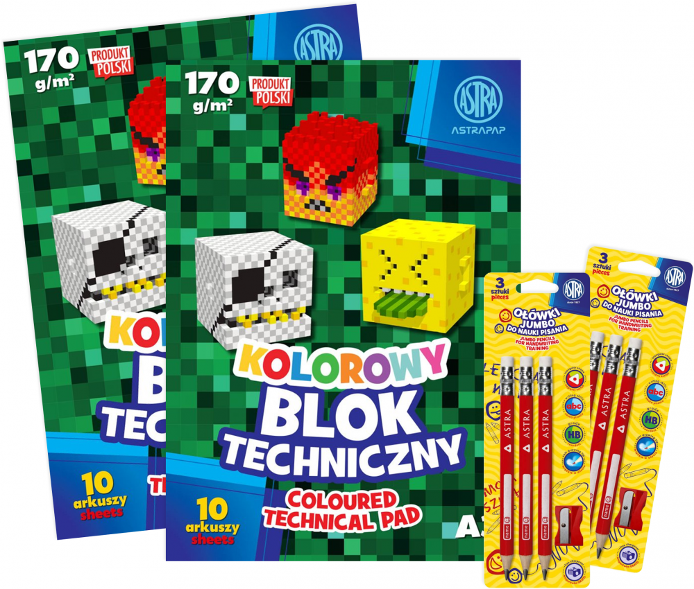Zestaw: 2x Blok techniczny Astra Astrapap, A3, 10 kartek, kolorowy + 2x Ołówek do nauki pisana Astra Jumbo, z gumką, HB, trójkątny, 3 sztuki + 