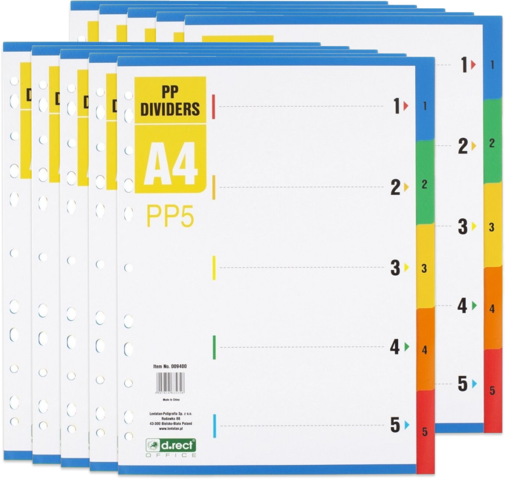 10x Przekładki do segregatora D.Rect PP5, plastikowe, numeryczne, 1-5 kart, mix kolorów