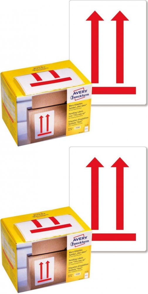 2x Etykiety wysyłkowe Avery Zweckform, ostrzegawcze, z czerwonym nadrukiem „Tutaj góra! Nie przewracać!”, 74x100mm, 200 sztuk, biały