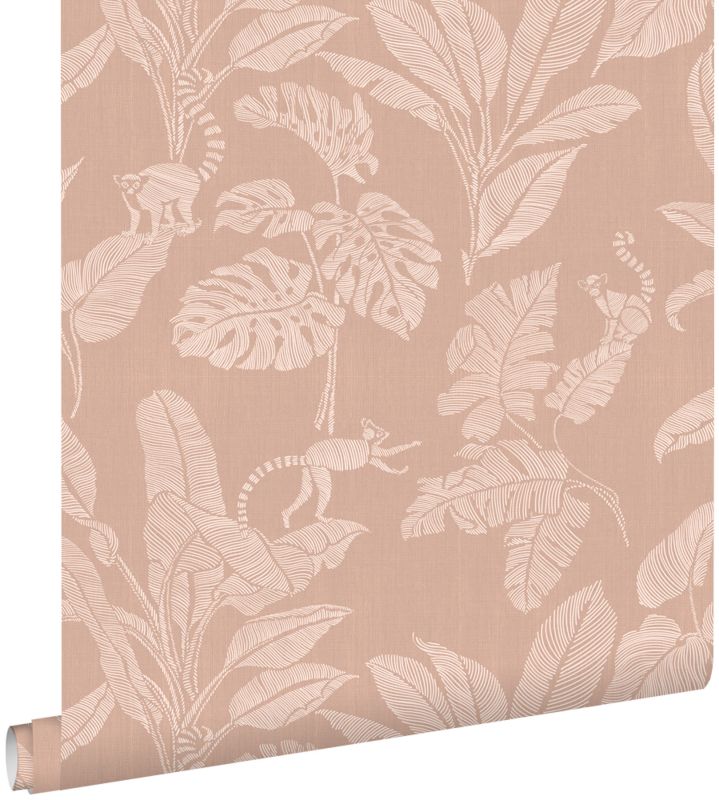 Tapeta ESTAhome małpy i liście dżungli terakoty różowej 50 x 900 cm - 1 rol.