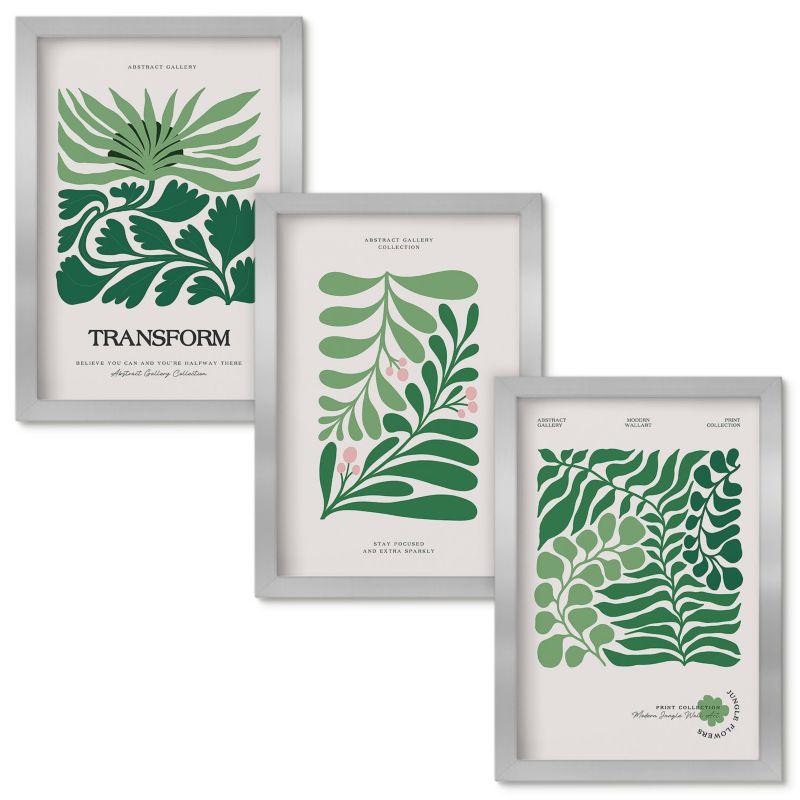 Obrazy Do Sypialni Wallfluent Zielone liście rośliny kształty Srebrna rama 20x30cm 3 szt.