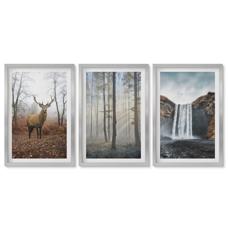 Zestaw 3 obrazów w srebrnej ramie Tulup 40x60 cm Leśne krajobrazy dzika natura Dekoracja ścienna do przedpokoju 1 kpl