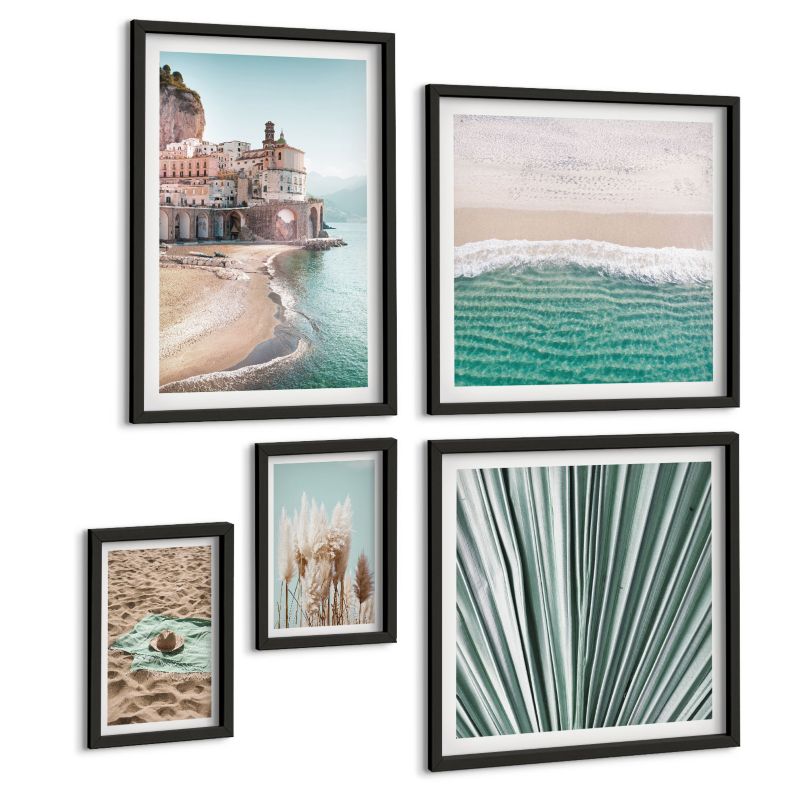 Zestaw 5 Obrazów ArtPrintCave (2x50x50+2x20x30+40x60cm) Czarna rama Plaża fale trawa kapelusz 1 kpl.