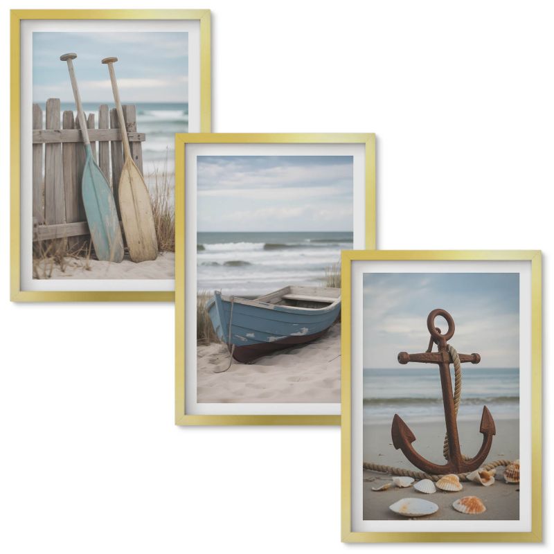 Obrazy Do Sypialni Wallfluent Plaża łódź kotwica piasek Złota rama 40x60 cm 3 szt.