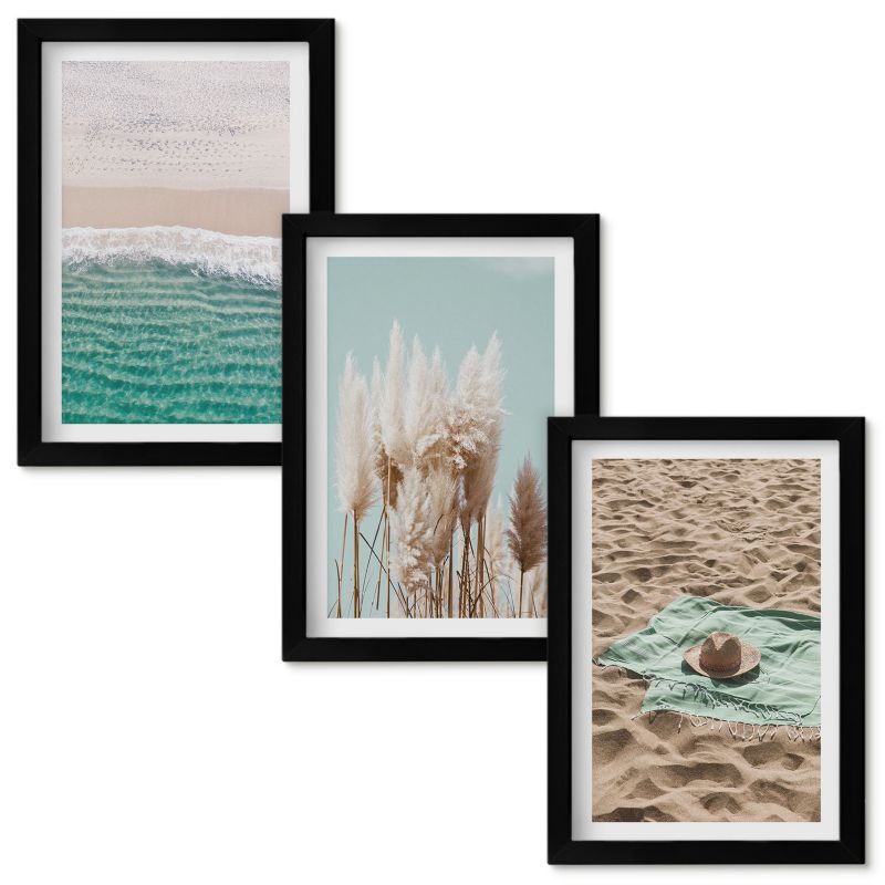 Obraz Ścienny Zestaw Wallfluent Plaża fale trawa kapelusz Czarna rama 20x30cm 3 szt.