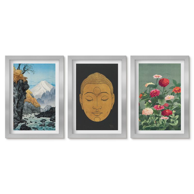 Trzy obrazy w srebrnej ramie zestaw Tulup 20x30 cm Japońska natura kultura japandi Galeria ścienna 1 kpl