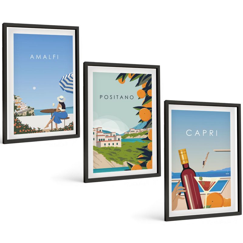 Galeria 3 Obrazów w Czarnej Ramie ArtPrintCave 40x60 cm Komplet ścienny Amalfi Positano i Capri 1 kpl.