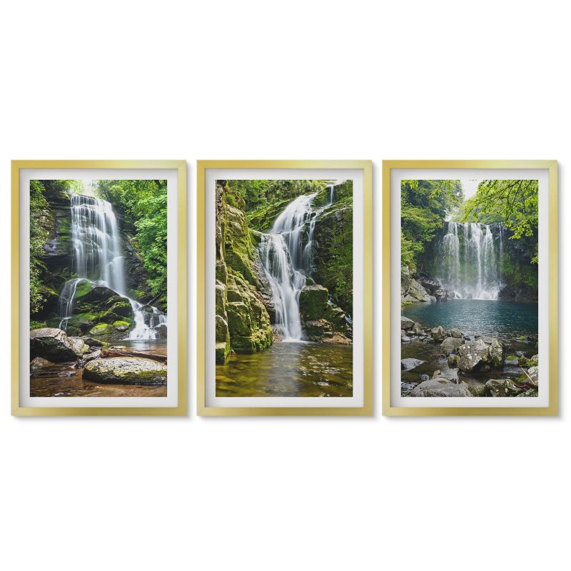 Zestaw 3 obrazów w złotych ramach Tulup 40x60 cm Wodospady zielone otoczenie Tryptyk 1 kpl