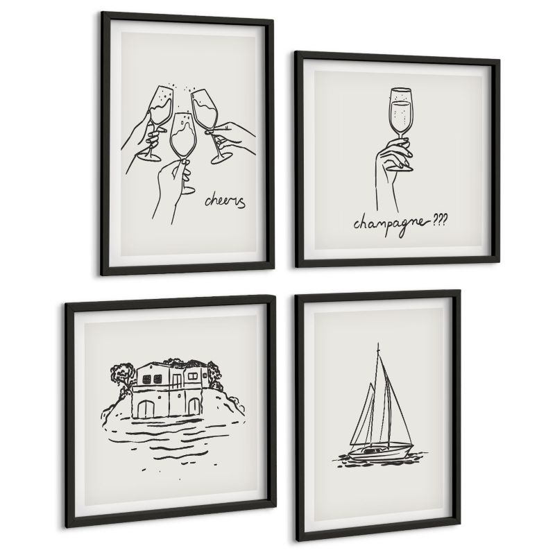 Czteroczęściowy Zestaw Obrazów ArtPrintCave (2x50x50+2x40x60cm) Czarna rama Dom nad wodą toast żaglówka 1 kpl.