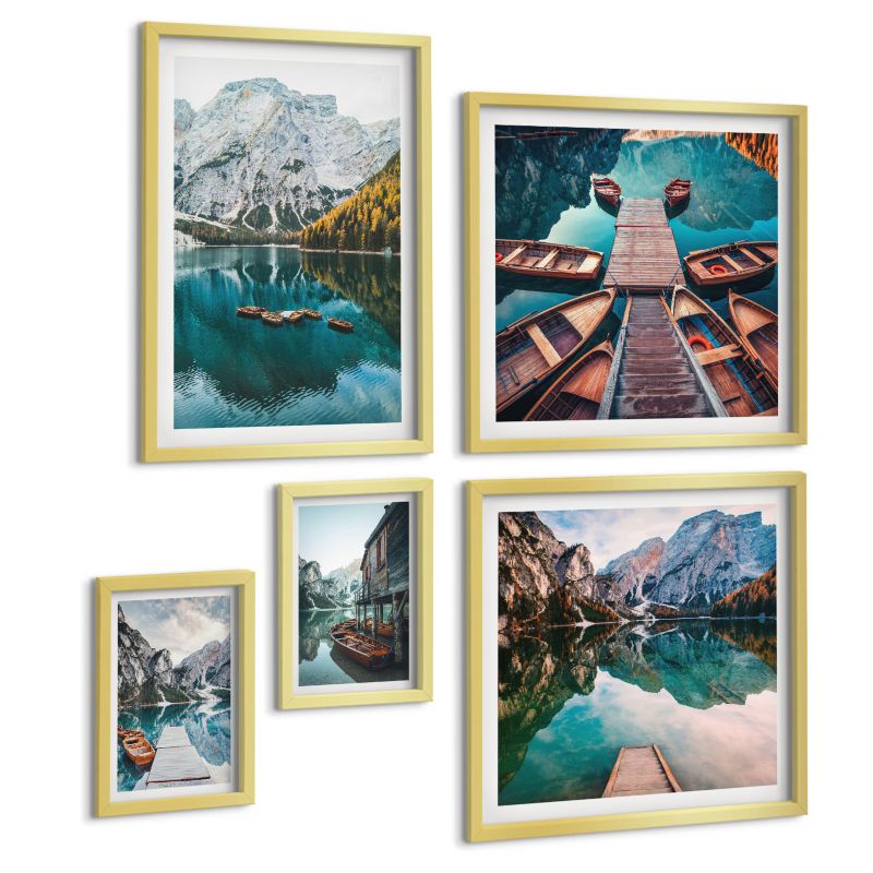 Zestaw Obrazów 5 Częściowy ArtPrintCave (2x50x50+2x20x30+40x60cm) Złota rama Widoki Grecji łódź domy 1 kpl.