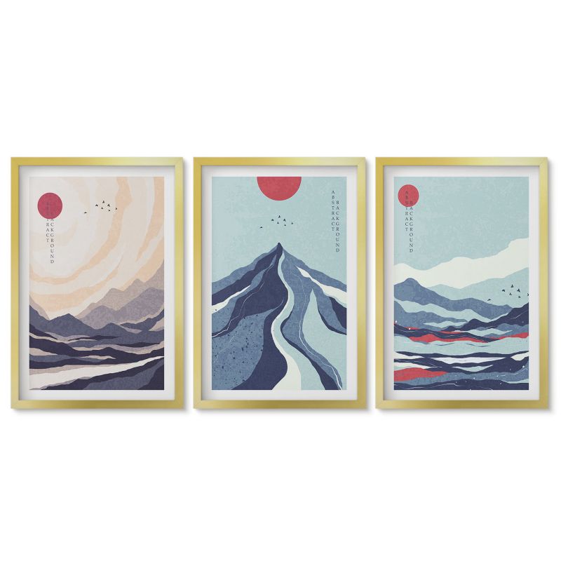 Zestaw 3 obrazów pionowych Tulup 40x60 cm Abstrakcyjne góry japońskie Obrazy w złotej ramie 1 kpl