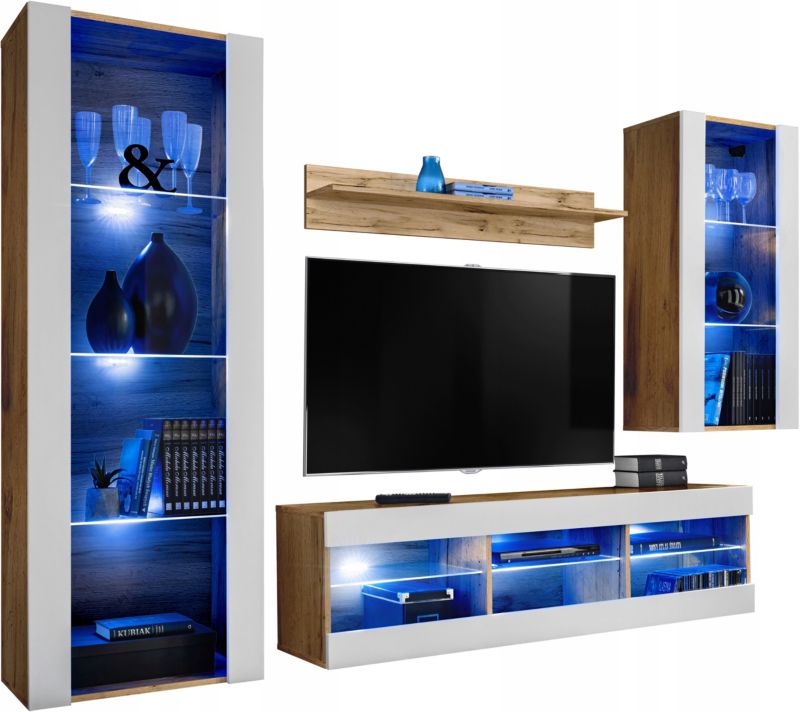 Meblościanka Dąb Wotan/Biały LED RGB Meble RTV - Zestaw Mebli 1 szt.