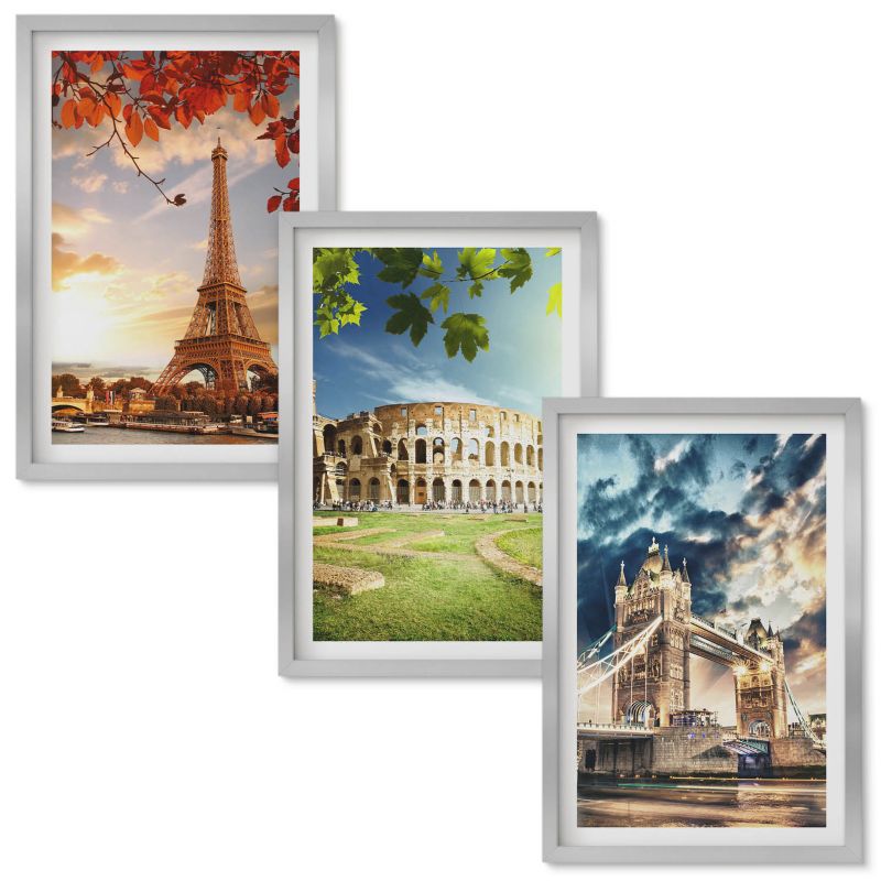 Obrazy do Salonu Wallfluent Zabytki Europy Srebrna rama 40x60 cm 3 szt.