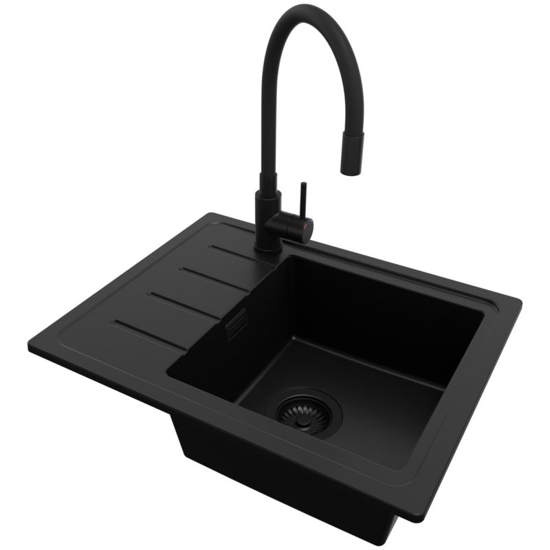 Zlewozmywak Granitowy Kopenhaga Easy PRIMAGRAN Nablatowy 55x44cm do Szafki od 45cm, Cały Czarny + Bateria + Syfon, S028, 1 szt.