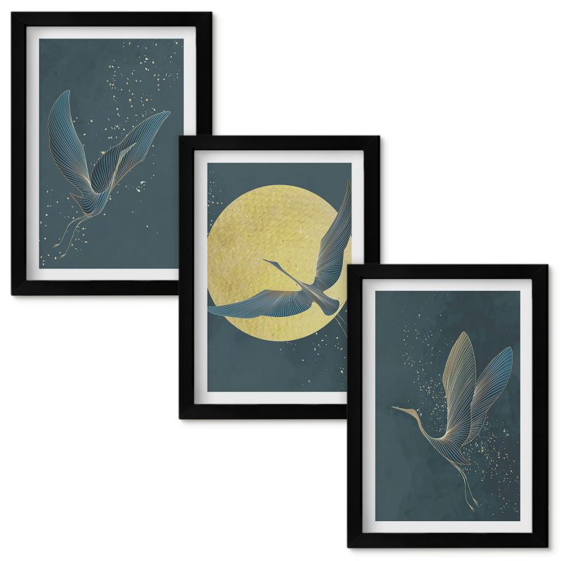 Obraz Ścienny Zestaw Wallfluent Żurawie w locie nocą Czarna rama 20x30cm 3 szt.