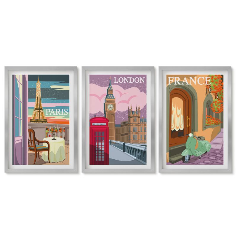 Obrazy w srebrnej ramie Tulup 40x60 cm Widoki Paryż Londyn retro Dekoracja ścienna do przedpokoju 1 kpl