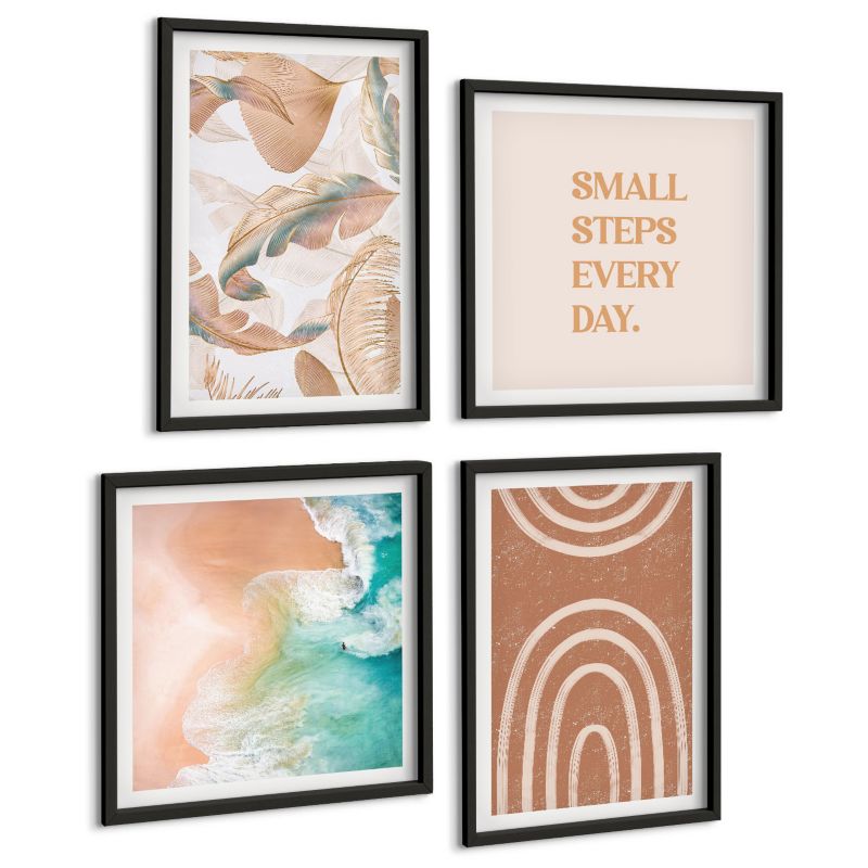 Komplet 4 Obrazów ArtPrintCave (2x50x50+2x40x60cm) Czarna rama Delikatne boho liście napis 1 kpl.
