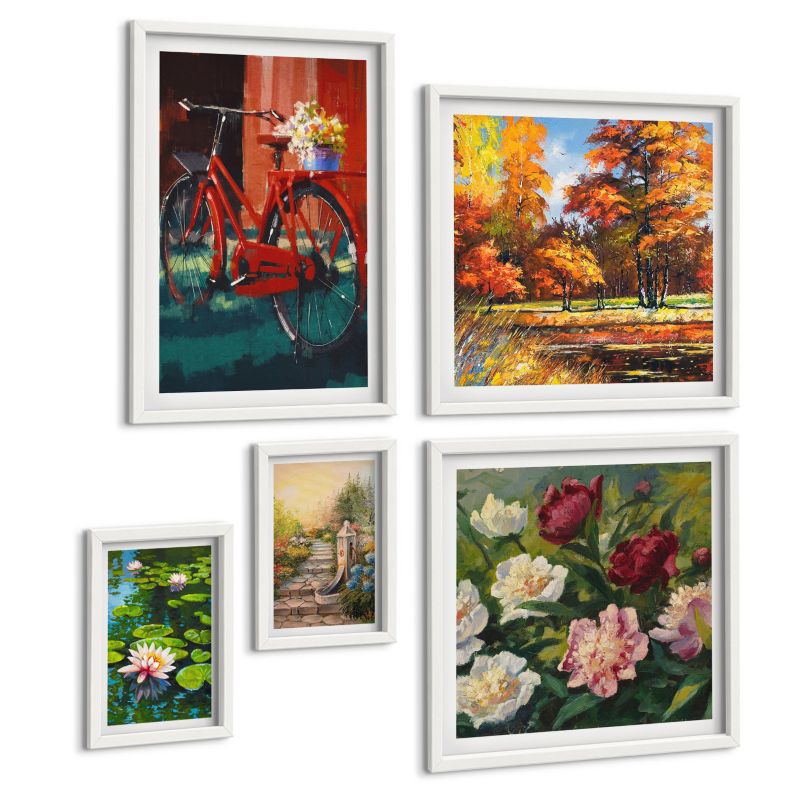 Zestaw Obrazów 5 Częściowy ArtPrintCave (2x50x50+2x20x30+40x60cm) Biała rama Plaża drewniana ścieżka klify 1 kpl.
