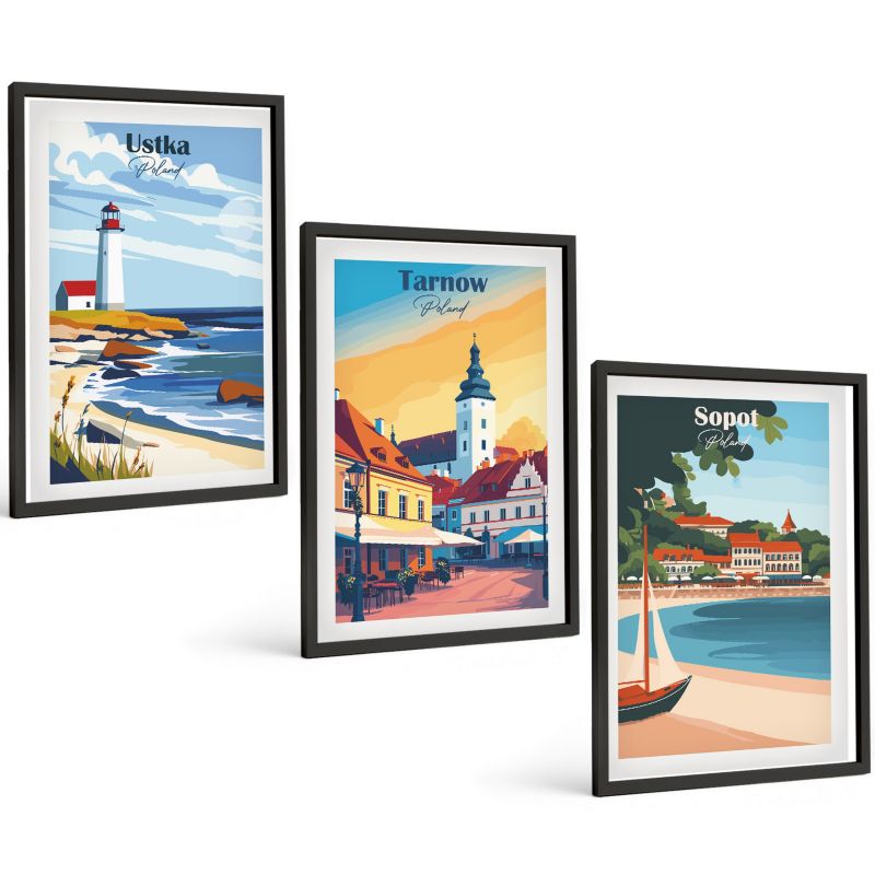 Trzyczęściowy Zestaw Obrazów ArtPrintCave 40x60 cm Czarna rama Widoki miast Ustka Tarnów Sopot 1 kpl.