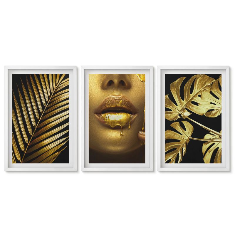 Zestaw 3 obrazów w białej ramie Tulup 40x60 cm Palma monstera usta kobiety Obrazy do kuchni w ramie 1 kpl