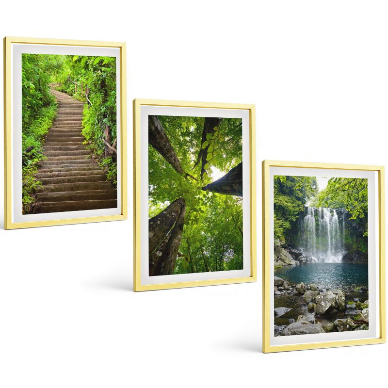 Galeria 3 Obrazów w Złotej Ramie ArtPrintCave 40x60 cm Komplet ścienny Ścieżka las wodospad roślinność 1 kpl.