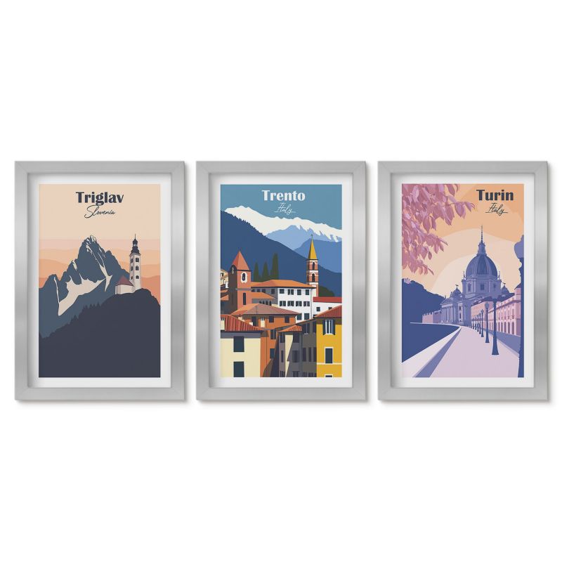 Seria obrazów 3 sztuki Tulup 20x30 cm Góry architektura retro ilustracje Obrazy w srebrnej ramie 1 kpl