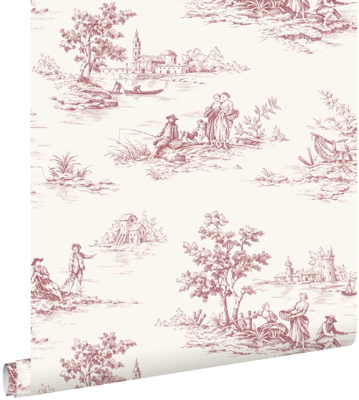 Tapeta ESTAhome nadruk toile de jouy bordowo-czerwonymIbiałym 50 x 900 cm - 1 rol.