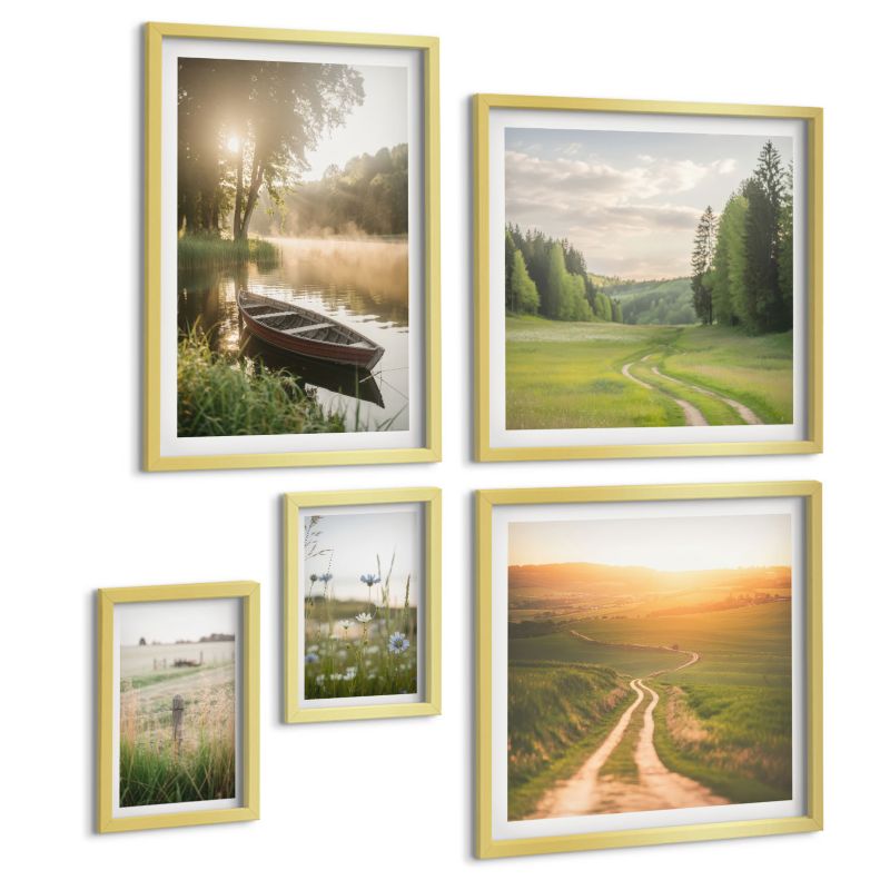 Galeria 5 Obrazów ArtPrintCave (2x50x50+2x20x30+40x60cm) Złota rama Krajobraz łąka droga zachód 1 kpl.