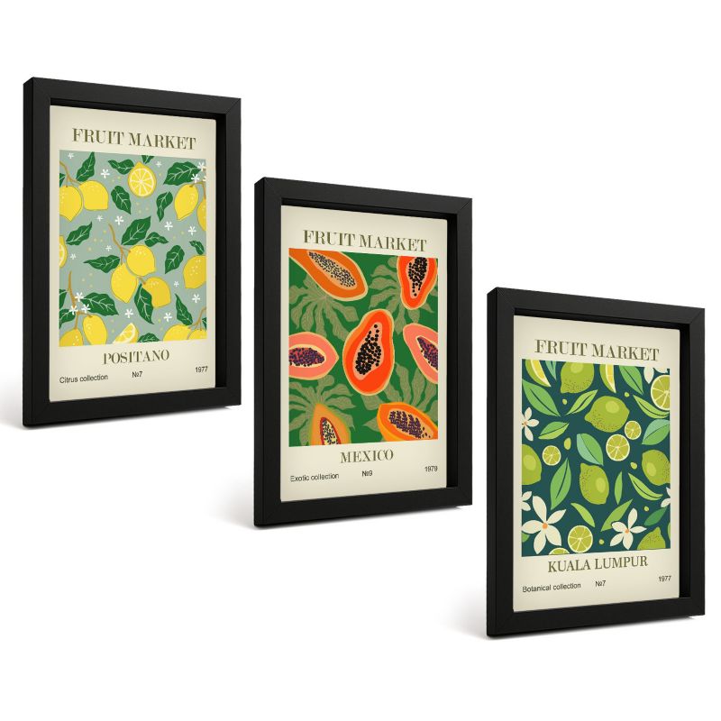 Trzyczęściowy Zestaw Obrazów ArtPrintCave 20x30 cm Czarna rama Owocowe wzory cytryn i papai 1 kpl.