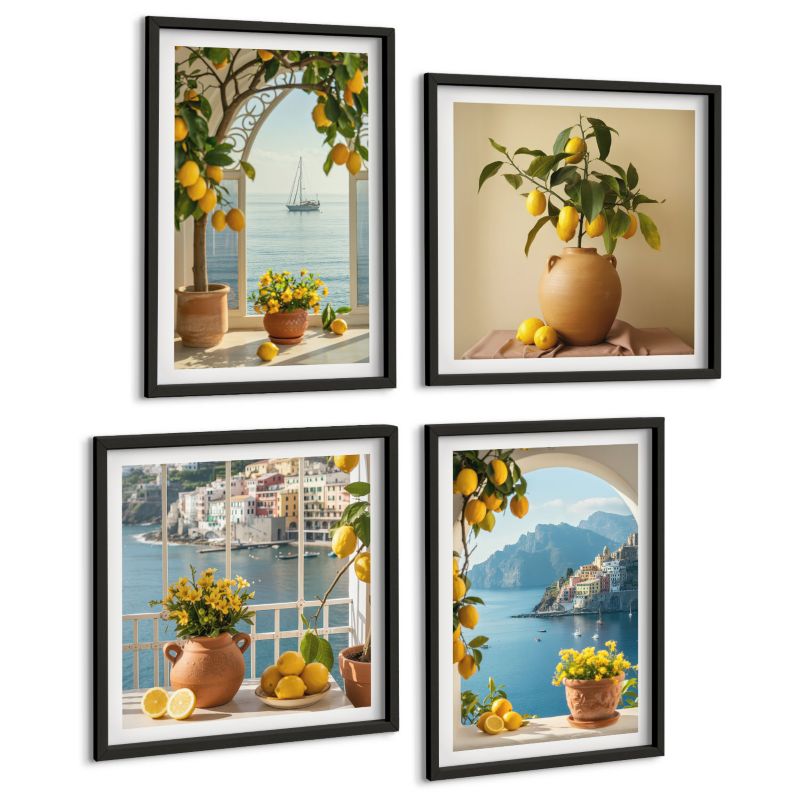 Zestaw Obrazów 4 Częściowy ArtPrintCave (2x50x50+2x40x60cm) Czarna rama Morze miasteczko cytryny kwiaty 1 kpl.