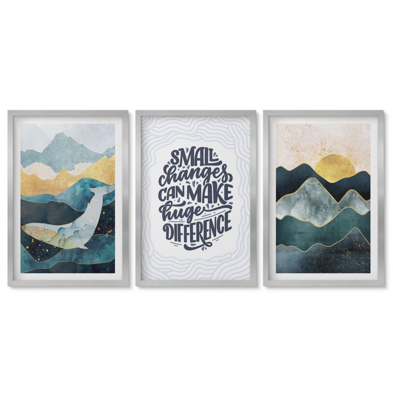 Tryptyk w srebrnej ramie Tulup 40x60 cm Abstrakcyjne góry inspiracja Obrazy do kuchni w ramie 1 kpl