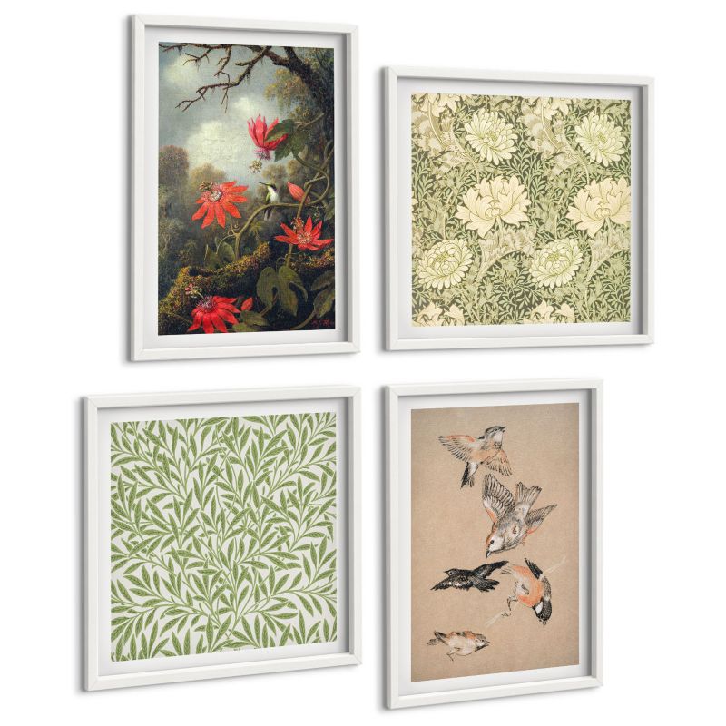 Galeria 4 Obrazów ArtPrintCave (2x50x50+2x40x60cm) Biała rama Kwiaty ptaki w otoczeniu przyrody 1 kpl.