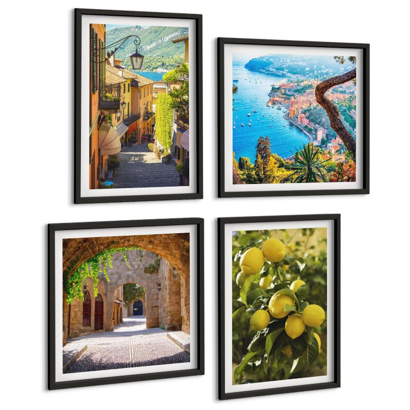 Zestaw Obrazów 4 Częściowy ArtPrintCave (2x50x50+2x40x60cm) Czarna rama Uliczki nadmorskie morze cytryny 1 kpl.
