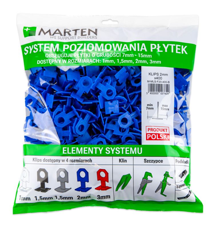 System poziomowania płytek MARTEN MLS klips niebieski 2 mm 400 szt.