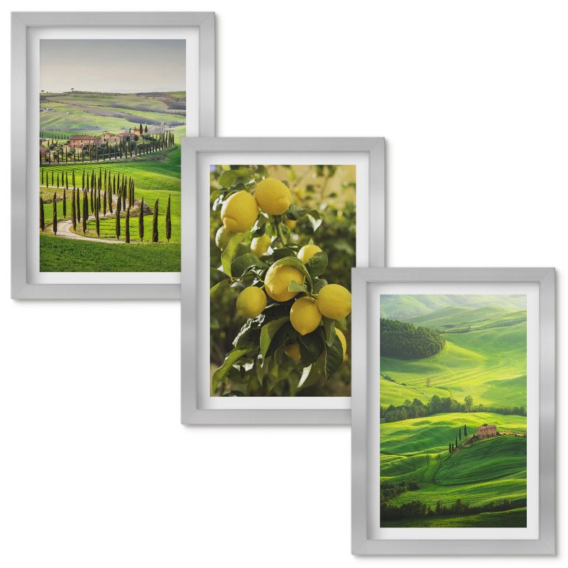 Zestaw obrazów Wallfluent Włoskie cytrusy i wzgórza Srebrna rama 20x30cm 3 szt.