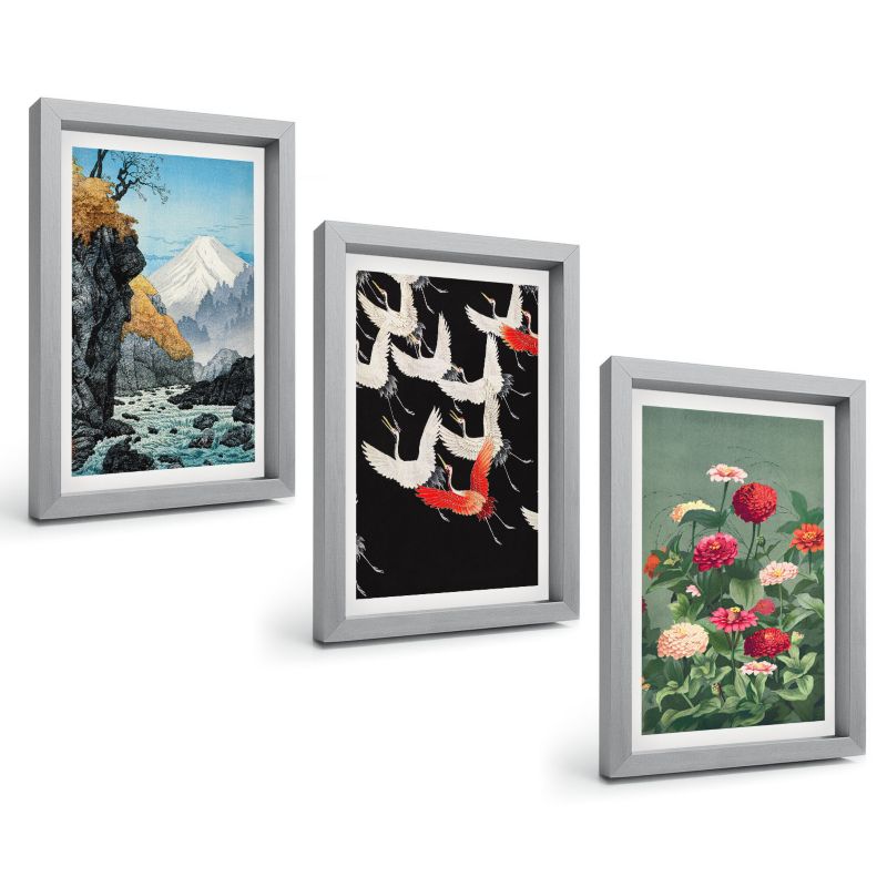 Galeria 3 Obrazów w Srebrnej Ramie ArtPrintCave 20x30 cm Komplet ścienny Góry wodospad ptaki kwiaty 1 kpl.