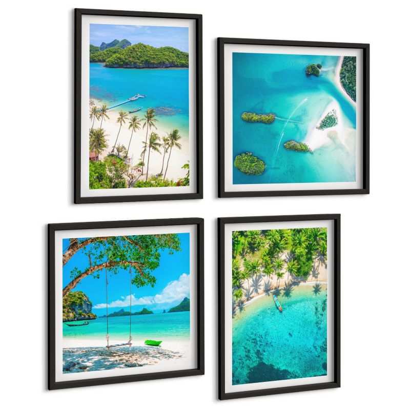 Zestaw 4 Obrazów ArtPrintCave (2x50x50+2x40x60cm) Czarna rama Plaże palmy krystaliczna woda 1 kpl.