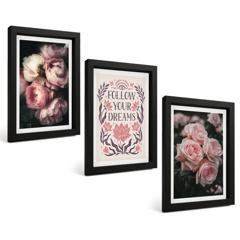 Galeria 3 Obrazów w Czarnej Ramie ArtPrintCave 20x30 cm Komplet ścienny Vintage róże marzenia napis 1 kpl.