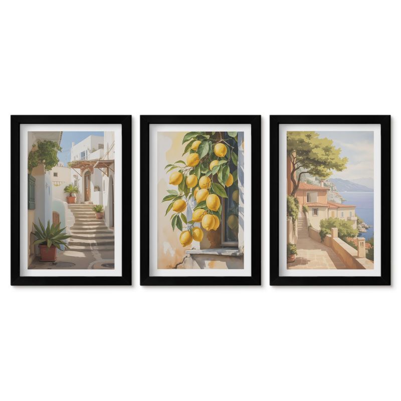 Obrazy w czarnej ramie Tulup 20x30 cm Uliczki cytryny widok morza Galeria ścienna 1 kpl
