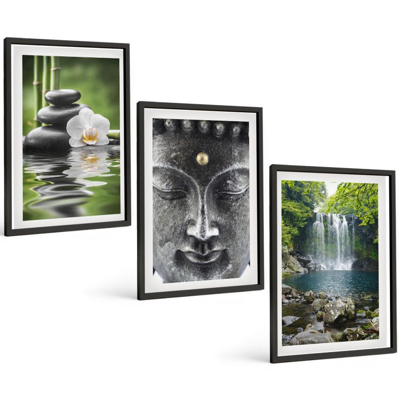 Komplet 3 Obrazów w Czarnej Ramie ArtPrintCave 40x60 cm Grafika Ścienna Harmonia kamienie woda Budda 1 kpl.