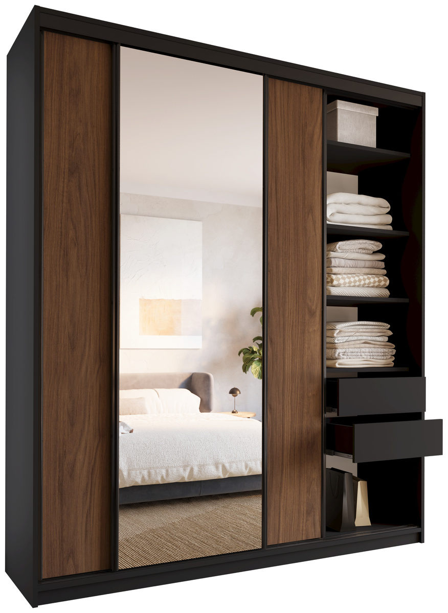 Wysoka szafa przesuwna z lustrem 200 cm do sypialni LOFT MAX orzech