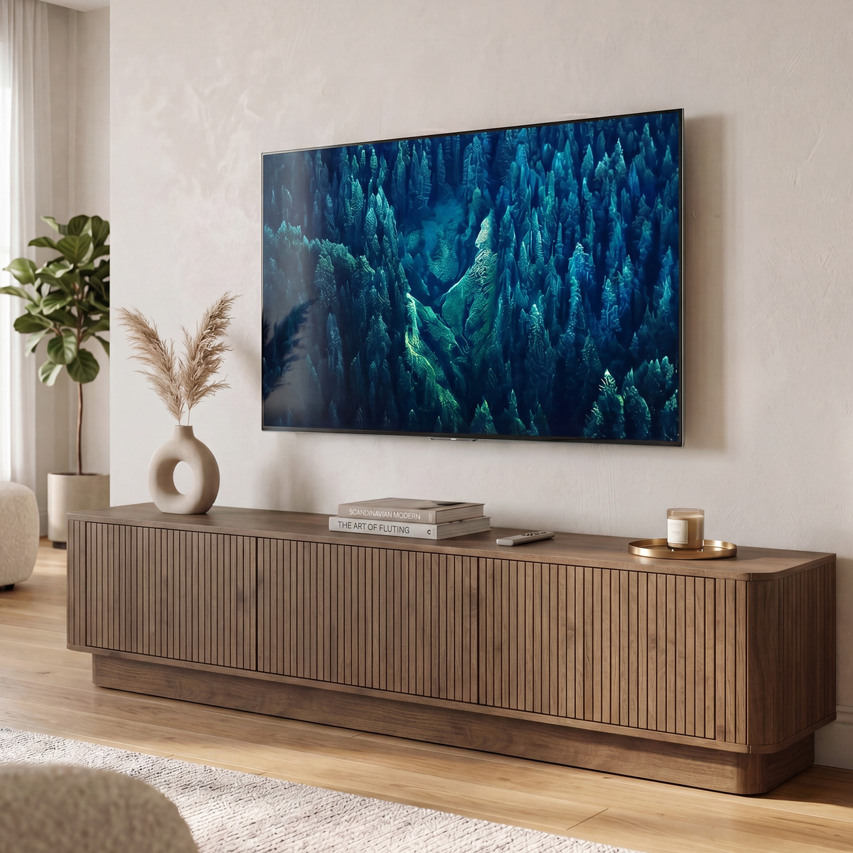 Szafka RTV ryflowana trzydrzwiowa do salonu 210 cm orzech MELFI