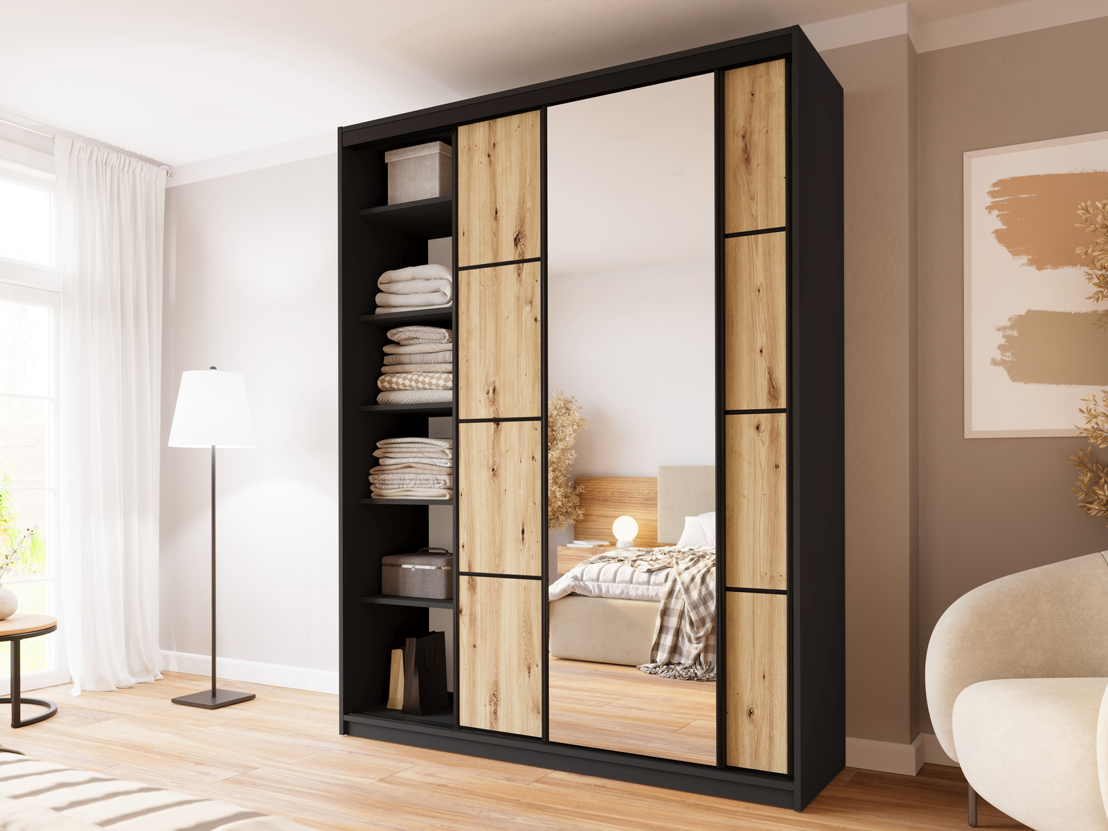 Szafa trzydrzwiowa przesuwna z lustrem 180 cm dąb artisan LARGO PLUS