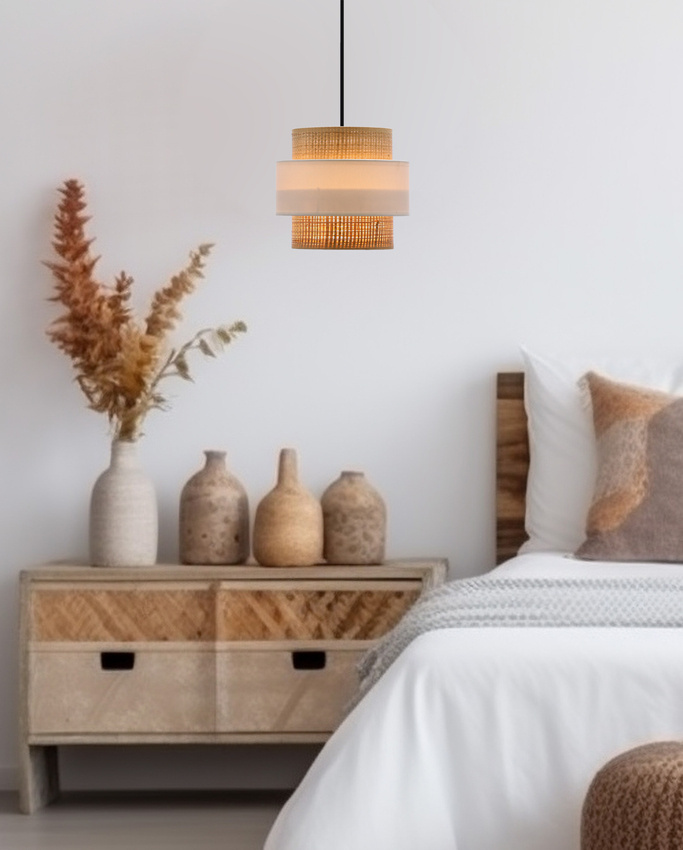 Biała lampa wisząca rattanowa do salonu z abażurem 1xE27