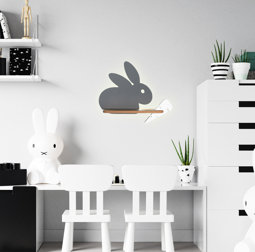 Szary kinkiet z półką LED dla dzieci do pokoju IQ Kids Rabbit MDF