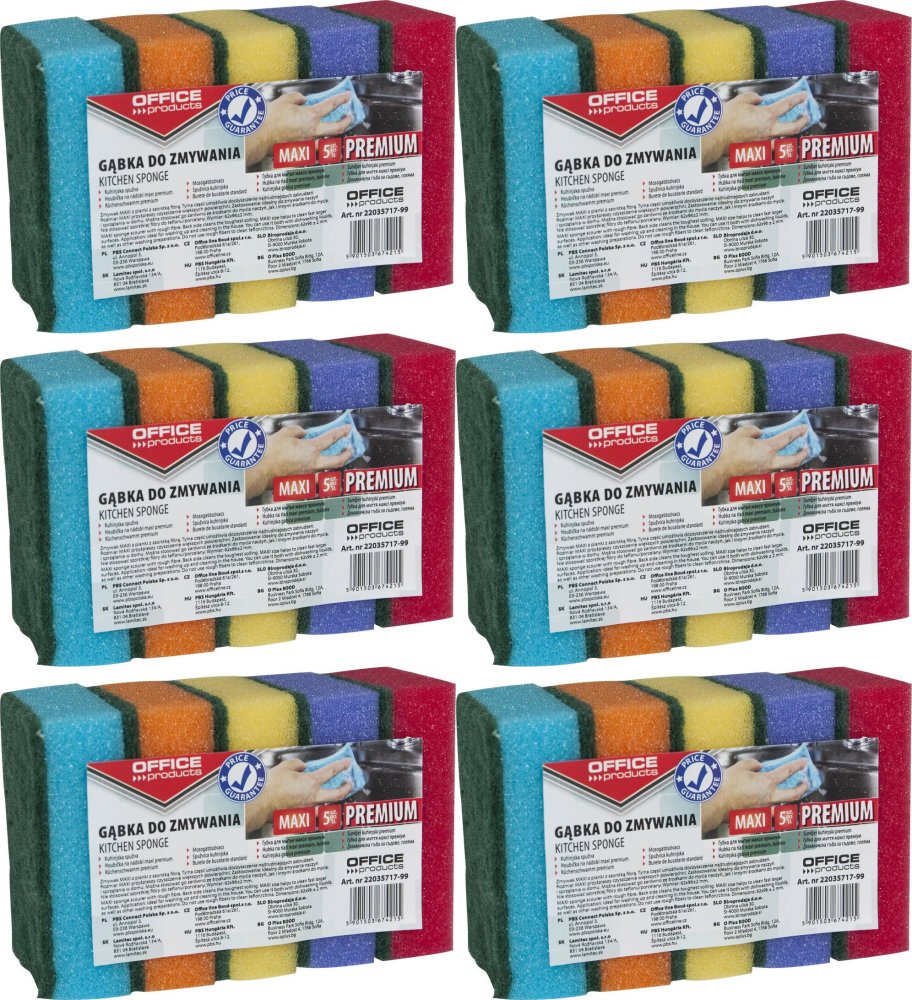 6x Gąbka kuchenna Office Products Maxi Premium, 6.2x9.6cm, 5 sztuk, mix kolorów