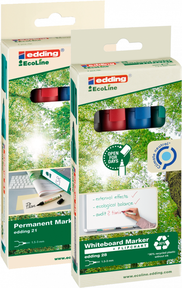 Zestaw: Marker permanentny Edding 21 EcoLine, 4 sztuki, mix kolorów + Marker suchościeralny edding 28 EcoLine, 4 sztuki, mix kolorów