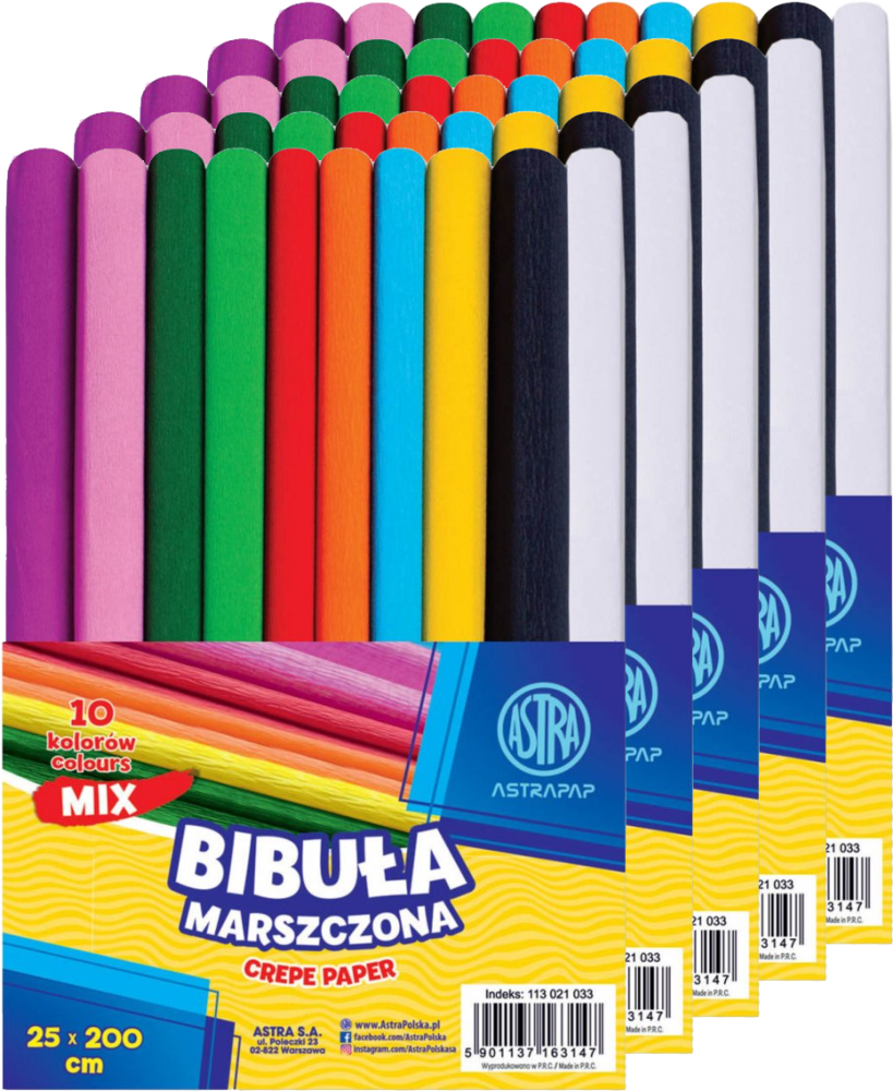 5x Bibuła marszczona Astra Astrapap, 200x25cm, 10 sztuk, mix kolorów