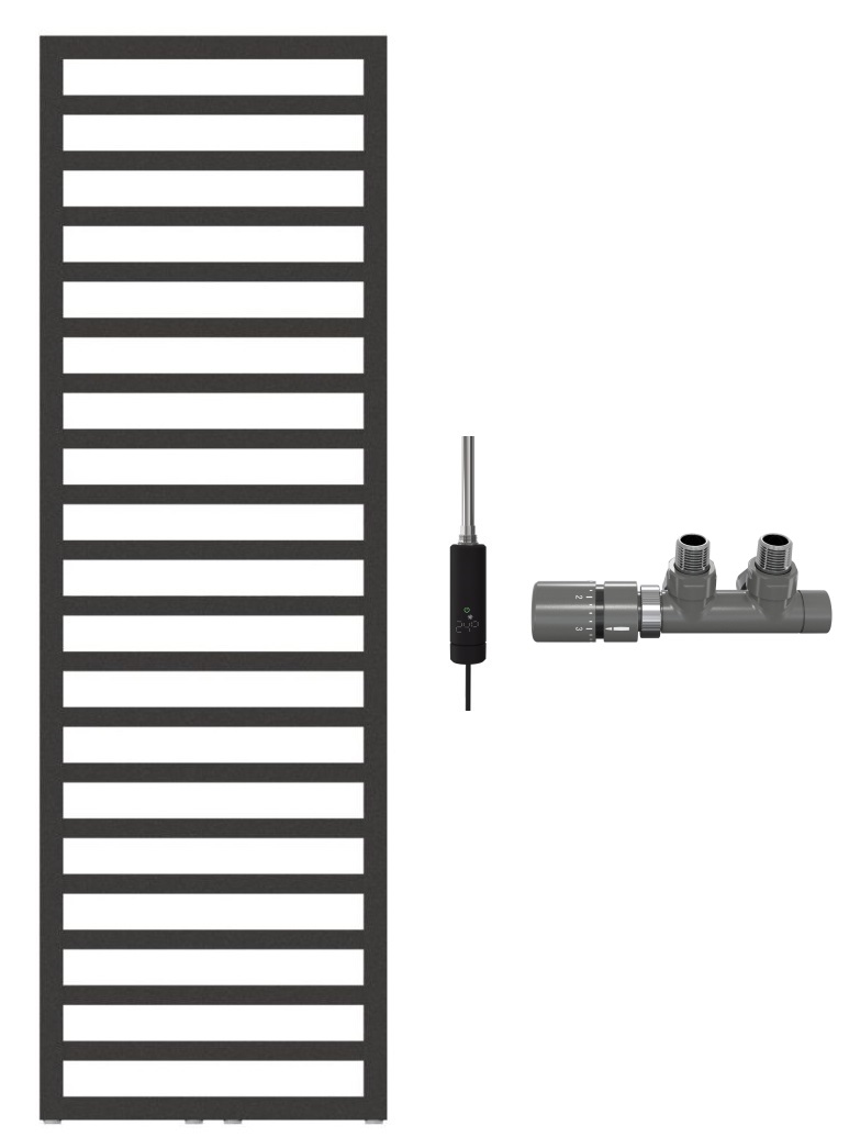 Zestaw Zehnder Quaro grzejnik łazienkowy drabinkowy 140x30 cm antracyt z grzałką elektryczną 300 W i zestawem zaworowym lewym z ...